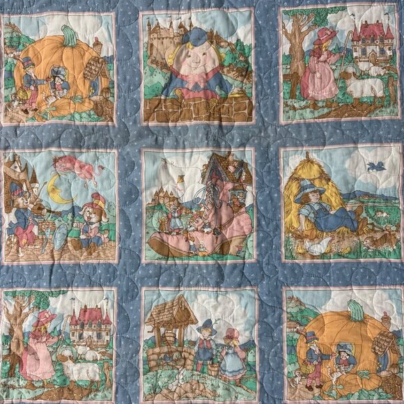 Vintage Mother Goose Nursery Rhyme Baby Quilt Blanket 1990s Handmade Retro - Picture 4 of 11